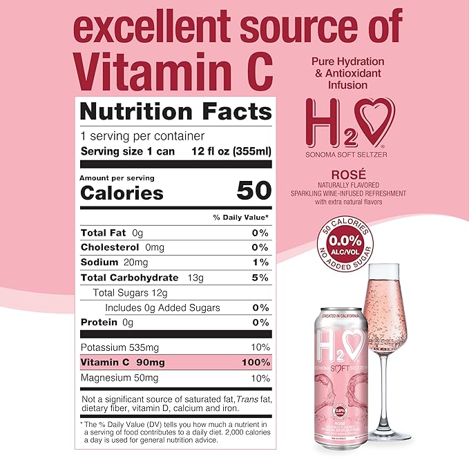 H2o (Velvety & Smooth) R24– California Rose Non Alcoholic Wine Infused Refreshment, 0.0% Alcohol, Jam-packed with flavor plus Hydrating Minerals (Larger 1.5x size Sparkling Rose, Pack of 24-12 Fl oz)