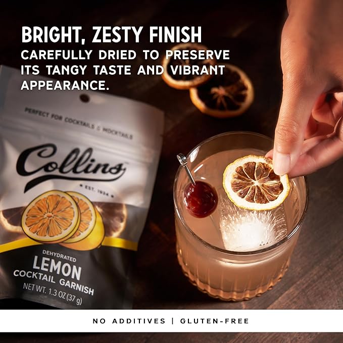 Collins Dehydrated Lemon Cocktail Garnish Slices, 1.3 oz, Perfect for Whiskey Sours, Martinis, Mocktails & Desserts – Premium Drink & Food Garnish – 1.3 oz
