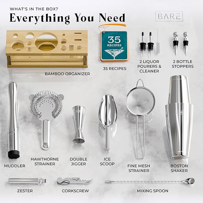 BARE BARREL® Mixology Bartender Kit Bar Set | 16-Piece Cocktail Shaker Set | Martini Barware Mixing Tools for Home Bartending | Incl. 35 Recipe Cards | Gift Set (28oz Boston Shaker, Silver/Natural)