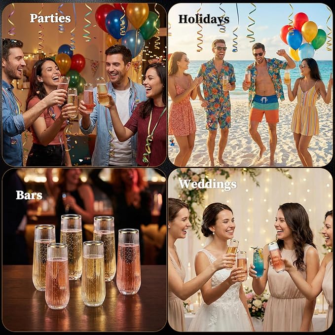 GuanQiao 12 Pack Stemless Plastic Champagne Flutes with Gold Rim, 9oz Ribbed Disposable Champagne Glasses, Heavy Duty Shatterproof Mimosa Glasses for Wine Wedding Bridal Shower Party Supplies Birthday