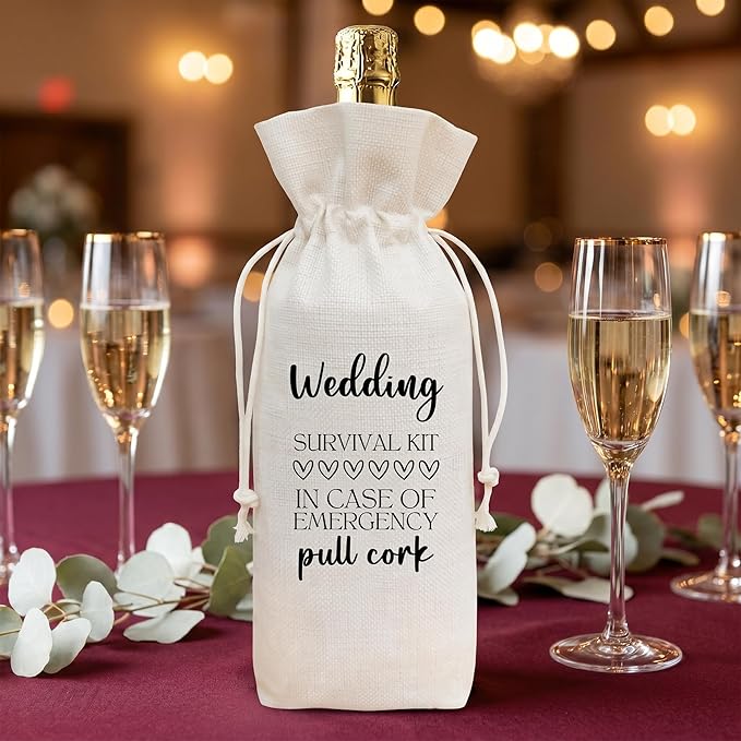 Wedding Gift Wine Bag for Bride Groom, Funny Survival Kit Linen Drawstring Wine Bottle Cover, Reusable Wine Pouch for Bridal Shower Engagement Wedding Anniversary Gift - A09