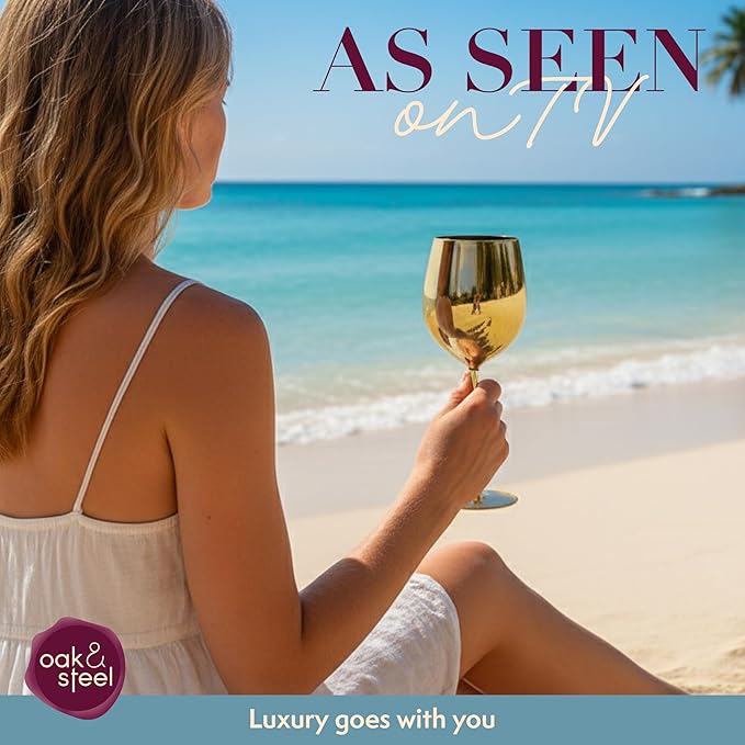 Oak & Steel - 2 Gold Stainless Steel Wine Glasses (18 Oz) Unbreakable Metal Wine Glasses, Wine Goblets with Gift Box for House Warming, Valentines, Anniversary