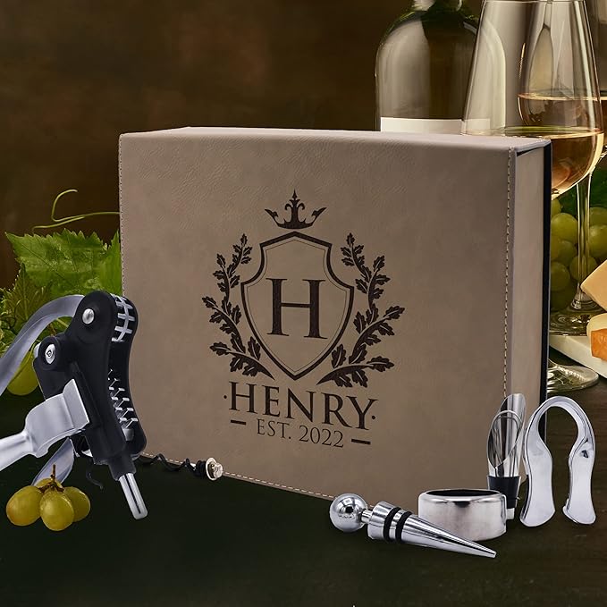 My Personal Memories Custom Engraved 5 Piece Wine Tool Opener Accessories Box Set - Personalized Wine Lovers for Anniversary, Weddings, and More (Tan)