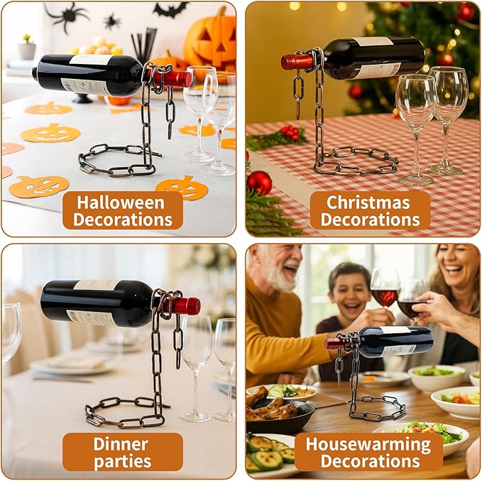 TBWHL Novelty Magic Wine Bottle Holder Floating Steel Link Chain Wine Bottle Rack/Holder - Holds Bottles in The Air, Unique Levitating Wine Bottle Stand for Home Bar, Kitchen, or Party Deco（Brown）