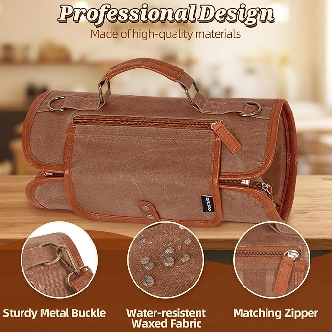 Travel Bartender Kit Bag with 22-Pc Cocktail Shaker Set, Waxed Canvas Protable Carrying Bartender Bag with Stainless Steel Bar Tool Set, Roll-Up Bartenders Kits for Professional Bartenders