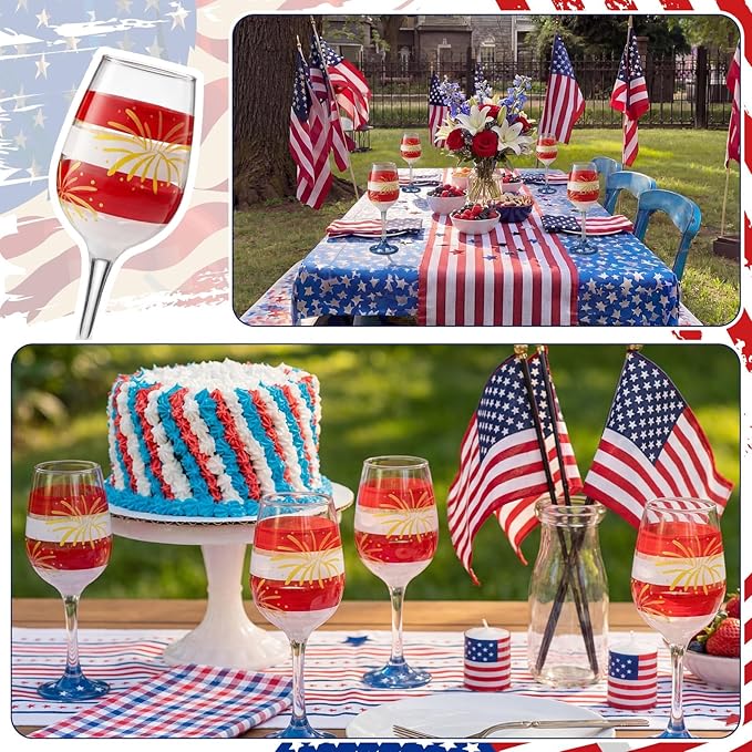 SiliFine 4 Pcs 4th of July Patriotic Party Stemmed Wine Glasses Hand Painted American Flag Stripes Fireworks Drinking Cup Wine Glasses Gifts for Independence Day Theme Holiday Party Supplies
