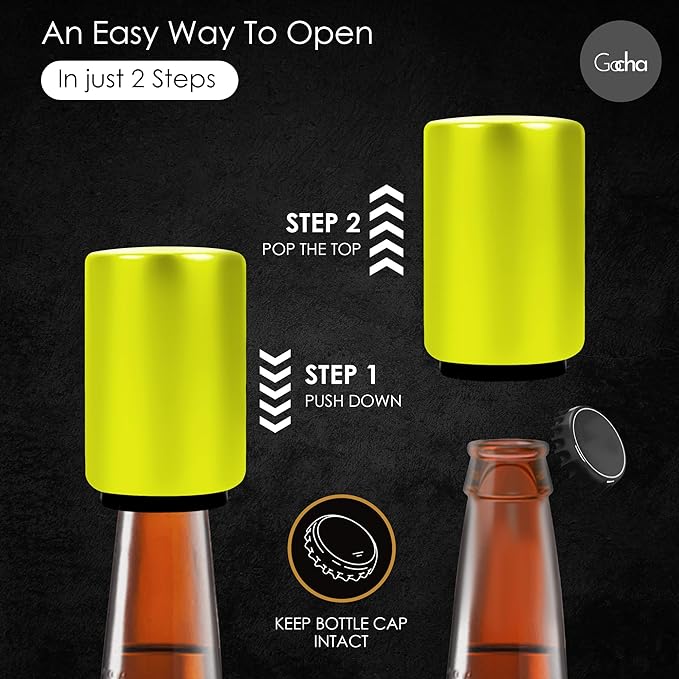 GOCHA | Magnetic Beer Bottle Opener with Automatic Cap Catcher – Stainless Steel Push-Down Gadget, One-Hand Bar Tool for Beer & Soda Bottles (Yellow)