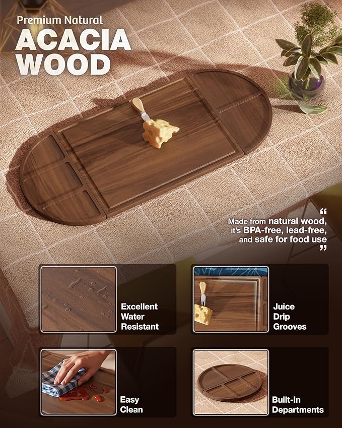 Extra Large Charcuterie Boards, 30'' x 13'' Acacia Cheese Board 3 Part Magnetic Long & Round Boards with Knive Set, Wine Opener & Cheese Marker, Unique Serving Tray for Birthday, Wedding Gift