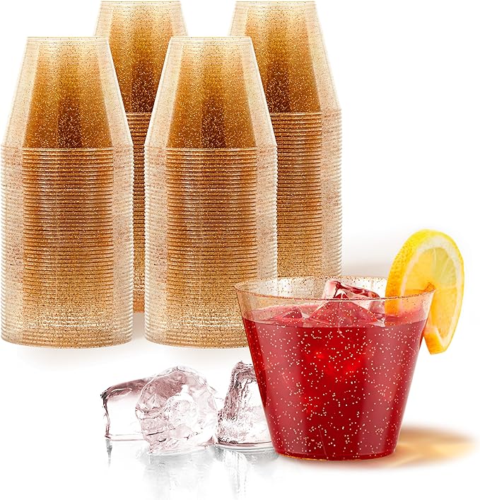 Stock Your Home 9oz Gold Glitter Plastic Cups (100 Pack), Elegant Party Cups for Birthday Parties, Weddings, and Holidays, Fancy Disposable Cocktail Glasses, Clear and Gold, Bulk Wine and Mimosa Cups