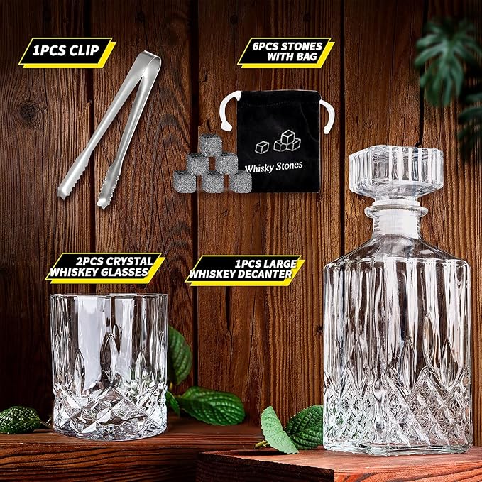 Whiskey Decanter Set for Men, 2pcs Whiskey Glass Cups and 1pcs Glass Decanter with Cooling Stones Clear Whisky Liquor Bottle for Whiskey Bourbon Rum Men Fathers'Gift