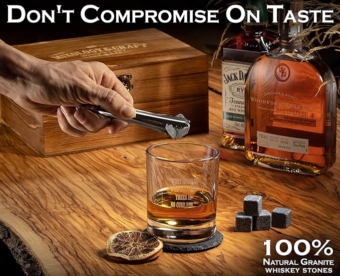 Mixology & Craft Whiskey Stones Gift Set for Men, 10 oz Whiskey Glasses w/ 8 Granite Chilling Rocks, 2 Coasters, Metal Tong & Cocktail Cards in Wooden Box - Round (Pack of 2)