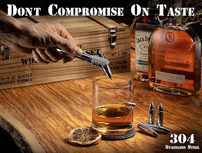 Mixology & Craft Whiskey Stones Set with Glasses & Steel Bullets, Gift for Men