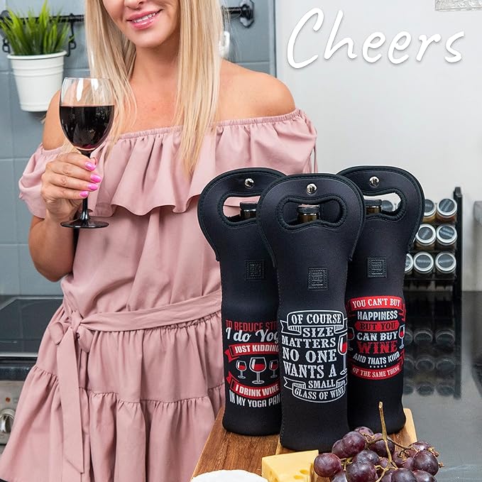 Made Easy Kit Insulated Wine Tote - Neoprene Carrier Bag with Magnetic Handle Clasp - Bottle Protective Travel Bag - Perfect for Gifting or Travel - Set of 3 (Funny Wine Lines Black)