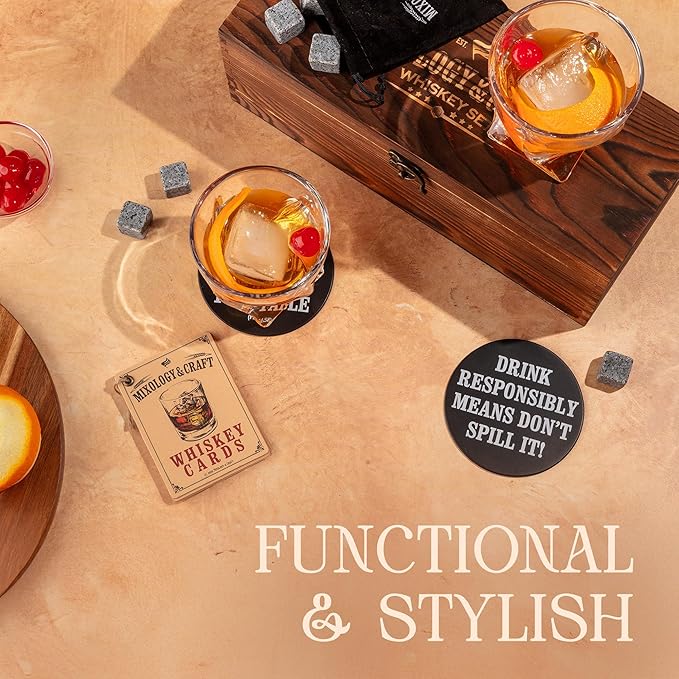 Mixology & Craft Whiskey Stones Gift Set - 12 Pieces (6 Granite Chilling Rocks, 2 10oz Old Fashioned Glasses, Coasters & Velvet Bag) In Wooden Box - Whiskey Gifts For Men, Whiskey Lover, Whiskey Set
