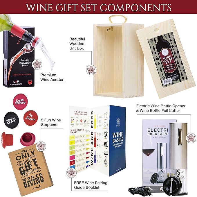 Wine Gifts Set – Wine Accessories Set w/Wooden Box- Wine Gift Set includes Rechargeable Wine Opener Set, Wine Aerator, Wine Stoppers & Pairing Guide- Wine Basket Gift - Valentine's Day Gifts for Women