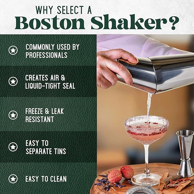 Mixology & Craft Boston Shaker Set with Weighted Martini Shakers | Cocktail Shaker Set Includes Strainer and Japanese Jigger | Great Gift Bar Set with Exclusive Recipe Cards | Leak-Proof (Silver)