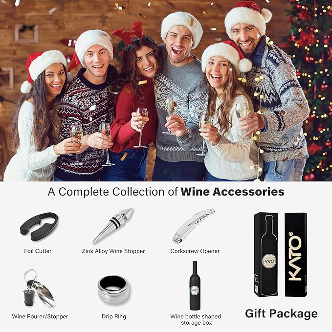 Kato Wine Accessories Gift Set - Bottle Corkscrew Opener Kit, Drip Ring, Foil Cutter, Wine Pourer and Stopper in Novelty Bottle-Shaped Case - Valentine's Gift, Black