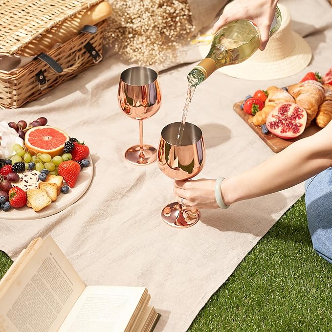 Oak & Steel - 2 Rose Gold Stainless Steel Wine Glasses (18 Oz) Unbreakable Metal Wine Glasses, Wine Goblets with Gift Box for House Warming, Valentines, Anniversary