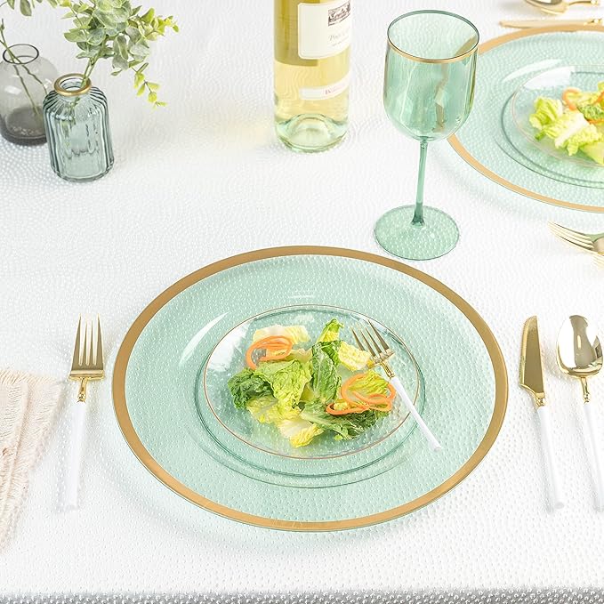 PLASTICPRO Green Wine Cup with Gold rim Plastic Wine Glasses Set of 5 Elegant Wine Goblets Hard Plastic Wine Cups on Stem 12 Ounce