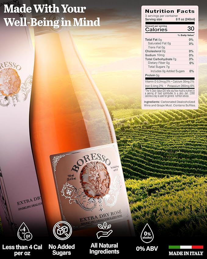 Boresso Extra Dry 0.0% ABV Non-Alcoholic Sparkling Rosé Wine With Gift Box Alcohol-free Champagne Alternative Dealcoholized From Italy 750ml
