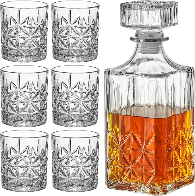 Style Setter Whiskey Decanter Set with Glasses - Prestigious Whiskey Set with 25oz Liquor Decanter and 6 Glasses - Upscale Whisky Decanter & Glass Set - Birthday Gifts Fathers Day