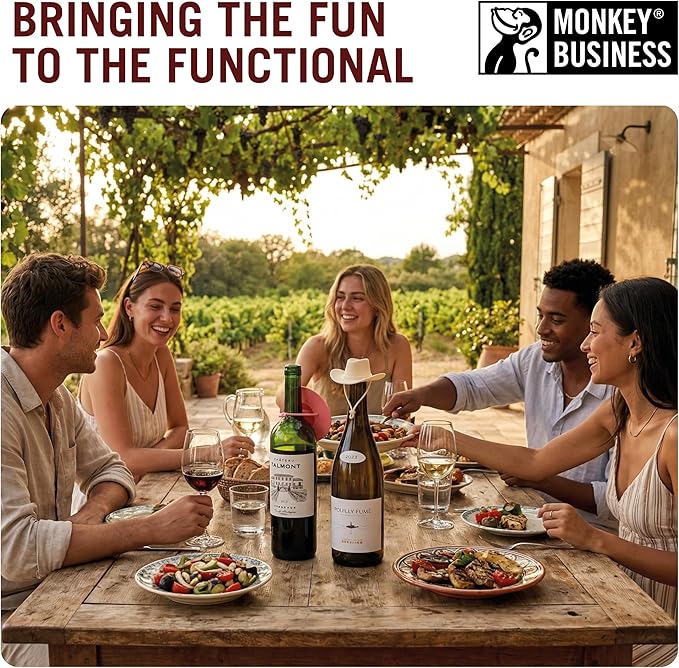 Monkey Business Showdown Silicone Wine Stoppers (Set of 3) – Fun selection of Cowboy Hats: Howdy, elCorko, & Bowler | Food-Grade, Leakproof Novelty Gifts for Wine Lovers