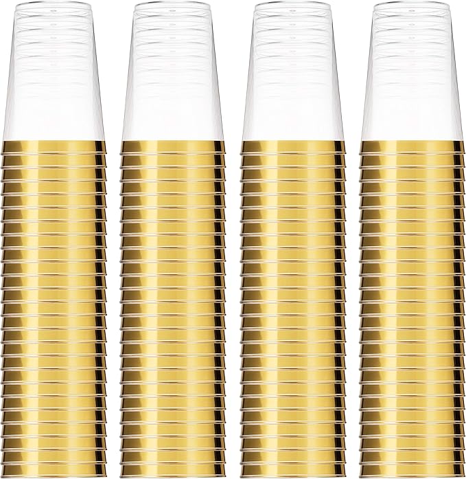 Munfix 100 Gold Plastic Cups 14 Oz Clear Tumblers Gold Rimmed Fancy Disposable Wedding Elegant Party Cups with Gold Rim