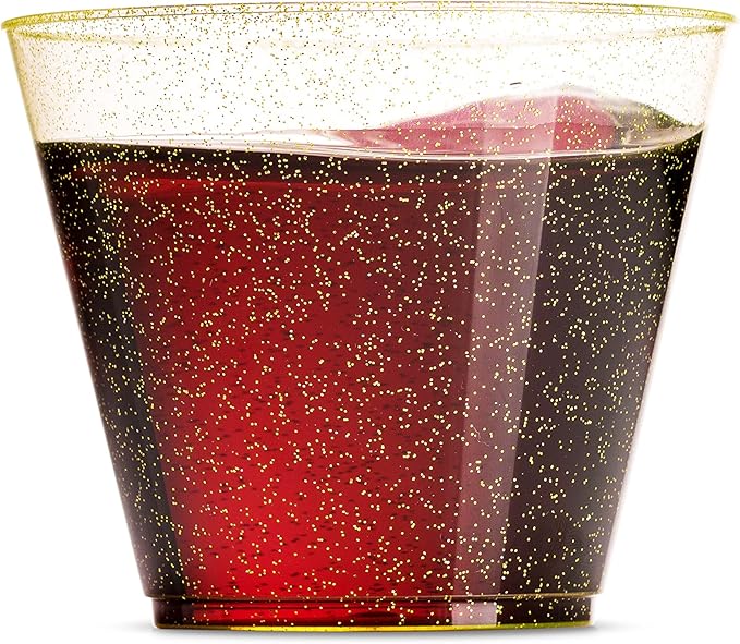 100 Glitter Plastic Cups - 9 Oz Clear Plastic Cups Old Fashioned Tumblers -Gold Glitter Cups Disposable Wedding Cups Party Cups