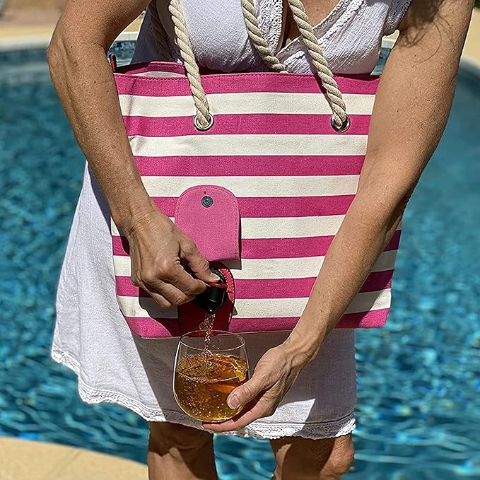PortoVino Insulated Wine Purse Tote Bag | Canvas Drink Pouches | Hidden Spout, Wine Dispenser Flask | Beach Bag Holds 50 oz Beverage for Travel | Concerts | Drink Lovers - Pink/White
