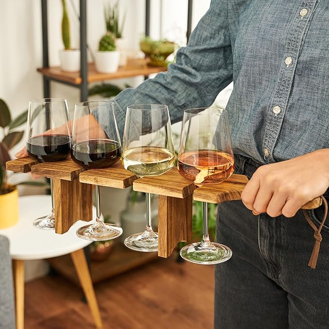 Twine Easy Wine Flight Server, Wine Tasting Carrier Board, Holds 4 Stemmed Wine Glasses, Acacia Wood Serving Tray, Set of 1