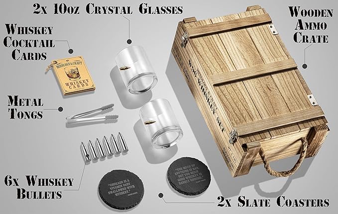 Mixology & Craft Whiskey Stones Set with Glasses & Steel Bullets, Gift for Men