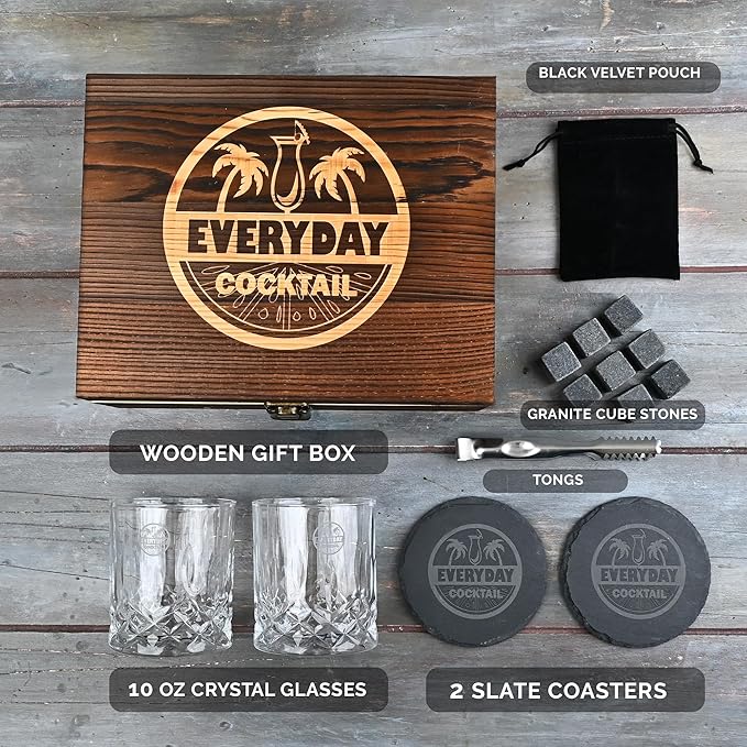 EVERYDAY COCKTAIL Old Fashioned Whiskey Glasses with Luxury Wooden Box - 10 Oz Rocks Barware for Scotch, Bourbon, Liquor, and Cocktail Drinks - Set of 2 Glasses -Chilling Stones -Slate Coasters