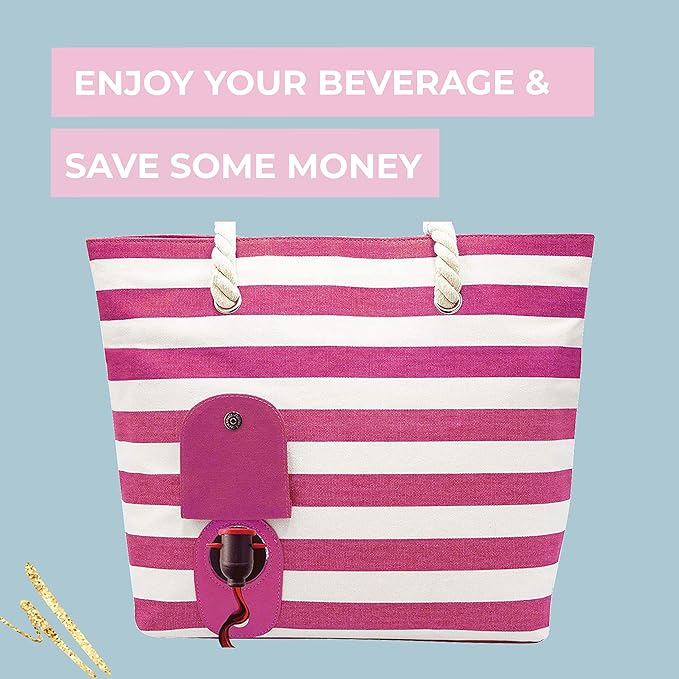PortoVino Insulated Wine Purse Tote Bag | Canvas Drink Pouches | Hidden Spout, Wine Dispenser Flask | Beach Bag Holds 50 oz Beverage for Travel | Concerts | Drink Lovers - Pink/White