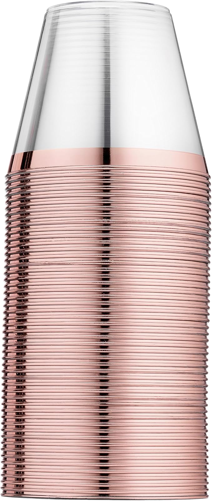 Munfix 100 9 Oz Clear Plastic Cups, Old Fashioned Tumblers, Fancy Disposable Wedding Cups, Elegant Party Cups with Rose Gold Rim