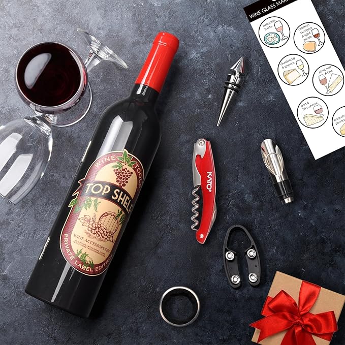 Wine Bottle Accessories Gift Set - Wine Opener Kit Corkscrew Screw Pull, Stopper, Aerator Pourer, Foil Cutter, Drip Ring with Drink Stickers by Kato, Great Valentine's Gifts, Red