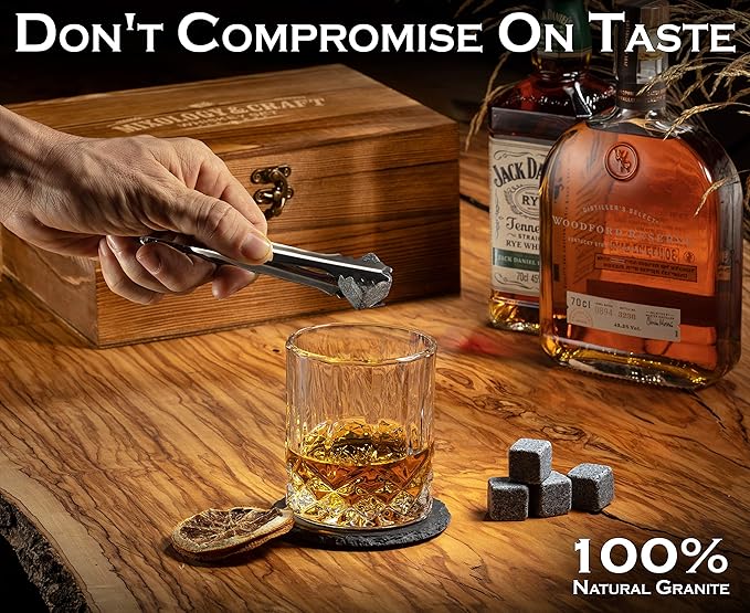 Mixology & Craft Whiskey Glasses Gift Set for Men - Pack of 2 Diamond Cut Glasses w/ 8 Granite Chilling Stones, 2 Coasters, Tongs & Cocktail Recipe Book in Wooden Crate