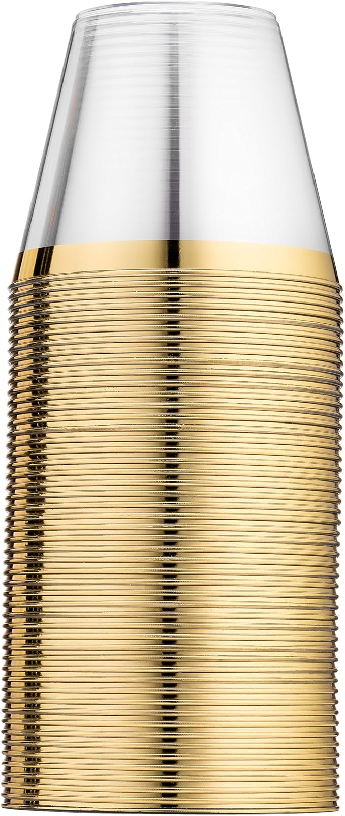 Munfix 100 9 Oz Clear Plastic Cups, Old Fashioned Tumblers, Fancy Disposable Wedding Cups, Elegant Party Cups with Gold Rim
