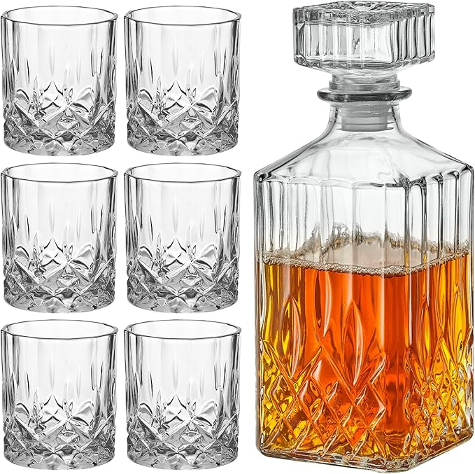 Style Setter Whiskey Decanter Set with Glasses - Prestigious Whiskey Set with 25oz Liquor Decanter and 6 Glasses - Upscale Whisky Decanter & Glass Set - Birthday Gifts Fathers Day