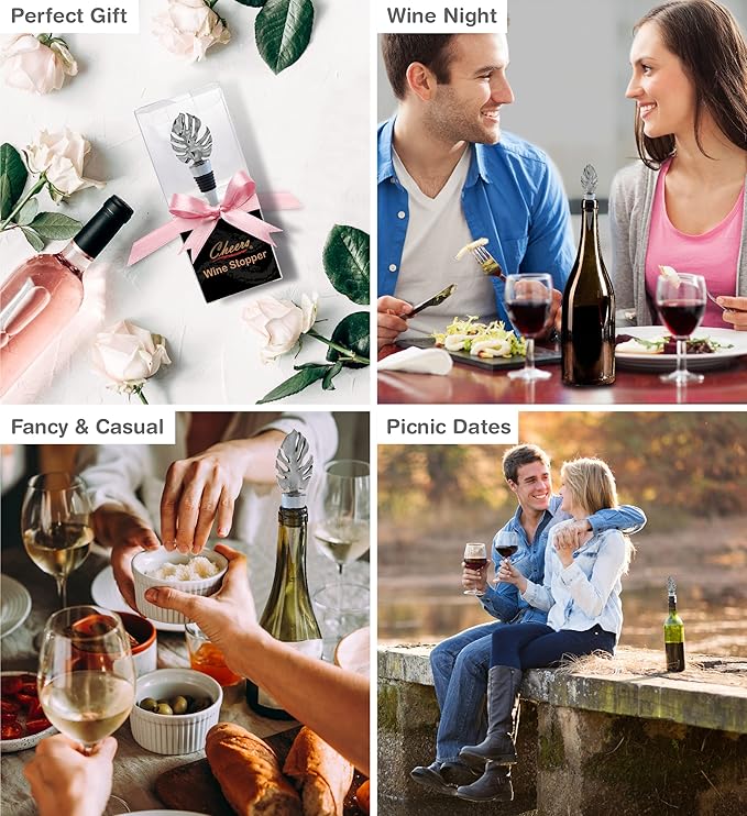 Cheers Silver Tropical Leaf Metal Wine Stopper - Elegant Vacuum Seal Reusable Jungle Leaves Wine Bottle Stopper Airtight Leak Proof Bottle Topper Cork Plug, Home Decor & Bar Tool Accessory Unique Gift