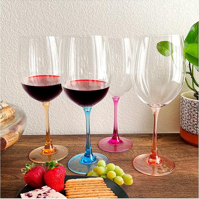 Lily's Home Unbreakable Stemmed Red Wine Glasses Set of 4, Reusable & Dishwasher-Safe, 22 oz Shatterproof Plastic Wine Glasses with Multi Color Stem for Party, Wedding, Home and Outdoor