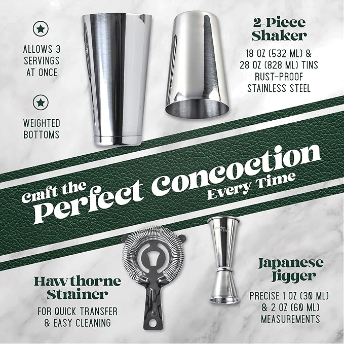 Mixology & Craft Boston Shaker Set with Weighted Martini Shakers | Cocktail Shaker Set Includes Strainer and Japanese Jigger | Great Gift Bar Set with Exclusive Recipe Cards | Leak-Proof (Silver)