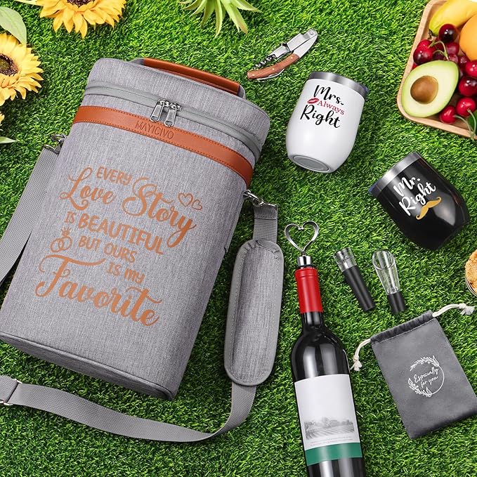 Anniversary Engagement Gifts for Men Women, Mr and Mrs Wine Tumblers Gifts Basket- Wedding Gifts for Couple, Bridal Shower, Newlywed, Husband, Wife - Insulated Wine Cooler Tote Bag w/Wine Accessories