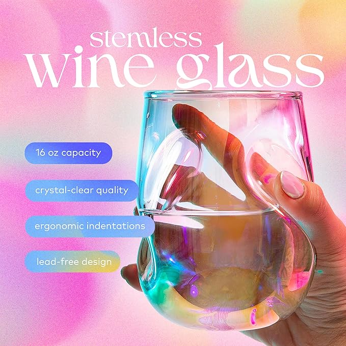 Dragon Glassware Stemless Wine Glasses - 16 oz Stemless Wine Glass Set with Finger Indentations - Set of 2 Iridescent Glassware - Aerates Naturally