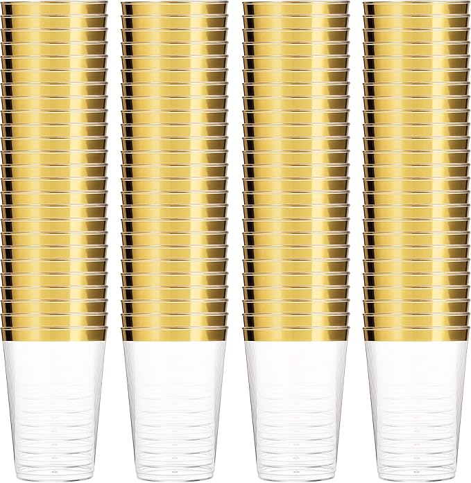 Munfix 100 Gold Plastic Cups 14 Oz Clear Tumblers Gold Rimmed Fancy Disposable Wedding Elegant Party Cups with Gold Rim