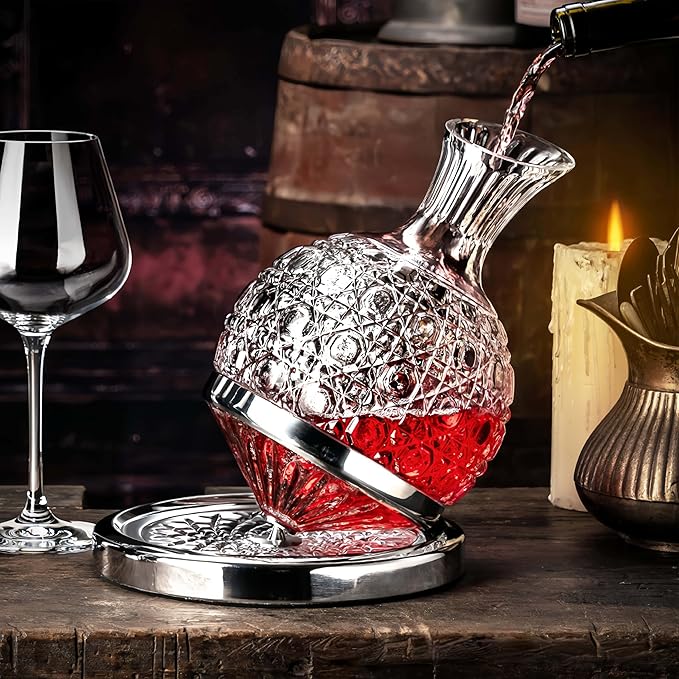 Crystal Red Wine Decanter Set - 360° Rotating Wine Aerator Carafe Soccer Design, 1.5L Hand-Blown Crystal Glass Wiskey Decanter with Gift Box, for Wine Lovers & Soccer Fans (Silver)