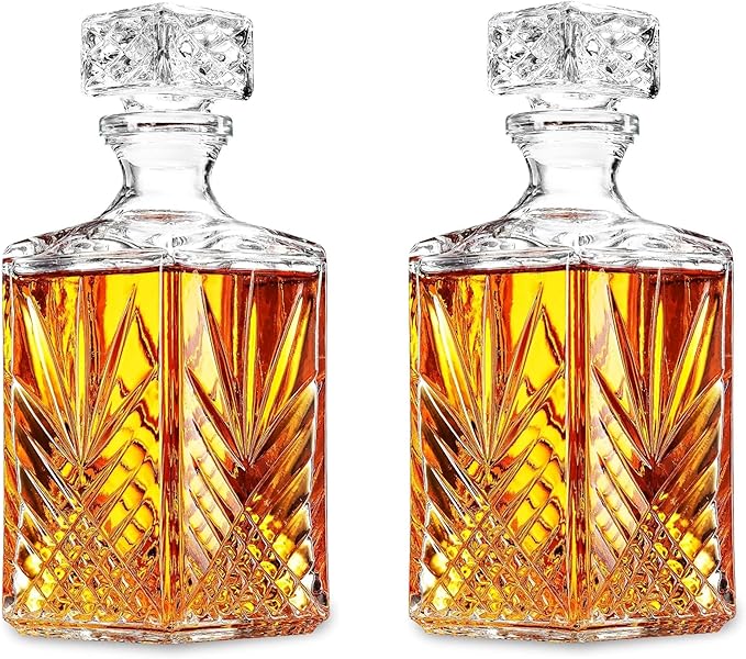 Bormioli Rocco Selecta Decanter, Set of 2 - Starburst Etched Glass with Airtight Diamond Stopper for Whiskey, Brandy & Spirits - 33.75 Oz. Each - Made in Italy, Elegant Barware, Dishwasher Safe
