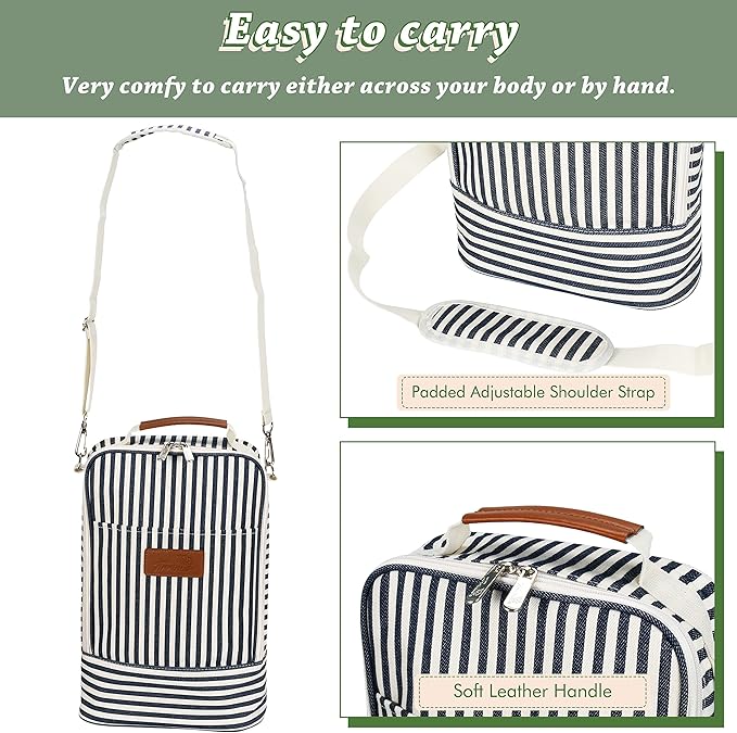 Tirrinia Insulated 2 Bottle Wine Gift Tote Bag - Wine Tumbler Glass Cooler Carrier for BYOB Restaurants, Wine Tasting, Travel, Park, Beach, Great Wine Lover Gift, Blue Stripe