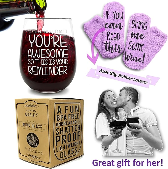 FUNNY WINE GLASSES + WINE SOCKS -16 oz Unbreakable Stemless Wine Glass With Sayings & Fuzzy Girl Socks “If You Can Read This, Bring Me Some Wine"