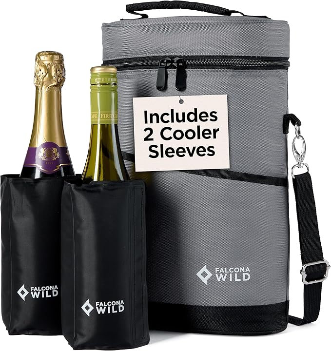 Falcona Wild Wine Cooler Bag Plus Two Cooler Sleeves – Holds 2 Bottles – Keeps Drinks Cold for Hours – Fits Standard, Tall and Champagne Bottles – Portable Insulated Wine Tote Carrier Bags For Travel