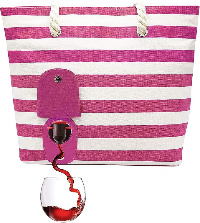 PortoVino Insulated Wine Purse Tote Bag | Canvas Drink Pouches | Hidden Spout, Wine Dispenser Flask | Beach Bag Holds 50 oz Beverage for Travel | Concerts | Drink Lovers - Pink/White